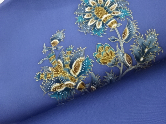  塩瀬金彩手描き花葉模様名古屋帯